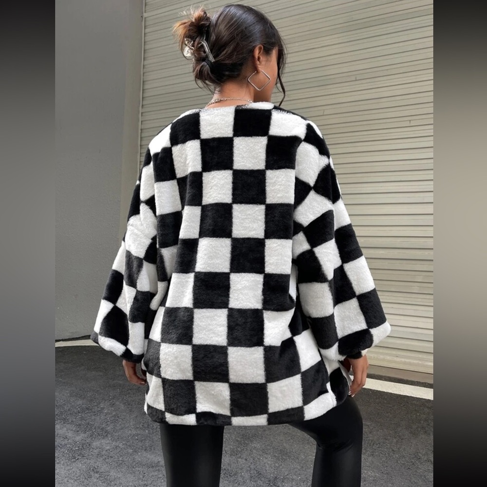 Checkered Fuzzy Open Front Coat - image 2